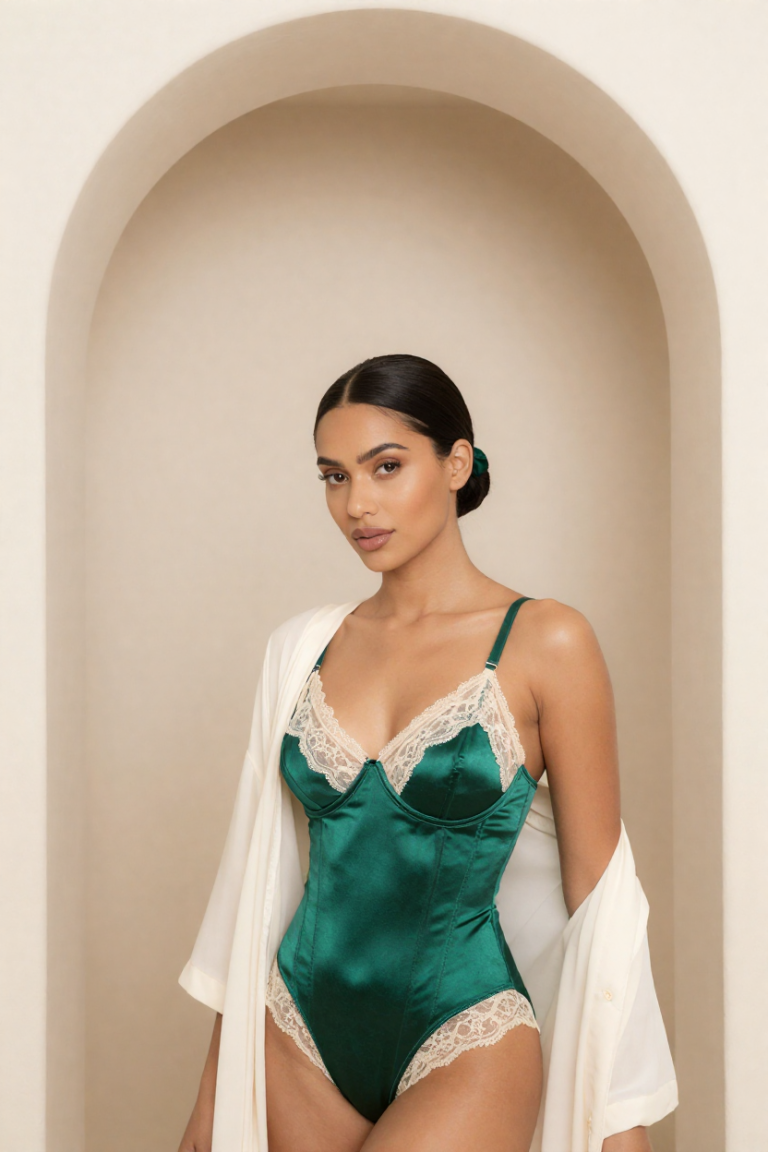 Fictional 28-year-old woman in an emerald satin corset with cream lace beneath a plain stone tunnel arch at ChuhaiTongVpn
